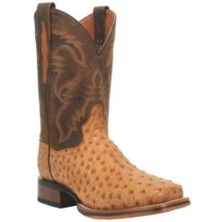 New ⭐ Dan Post Men's Kershaw Exotic Ostrich Skin Western 🥾 Boots - Broad Square Toe Tan ✨